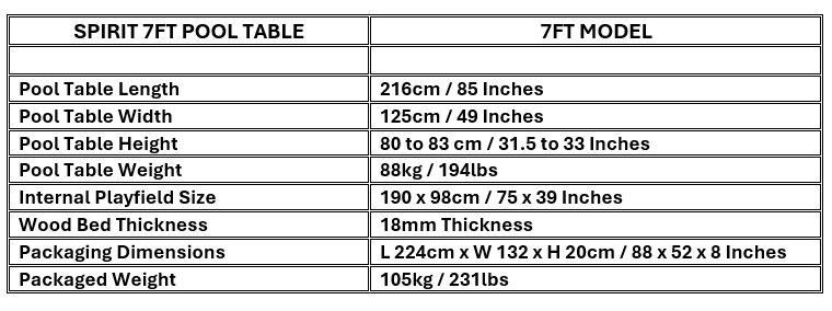 Spirit 7ft Pool Table Dimensions